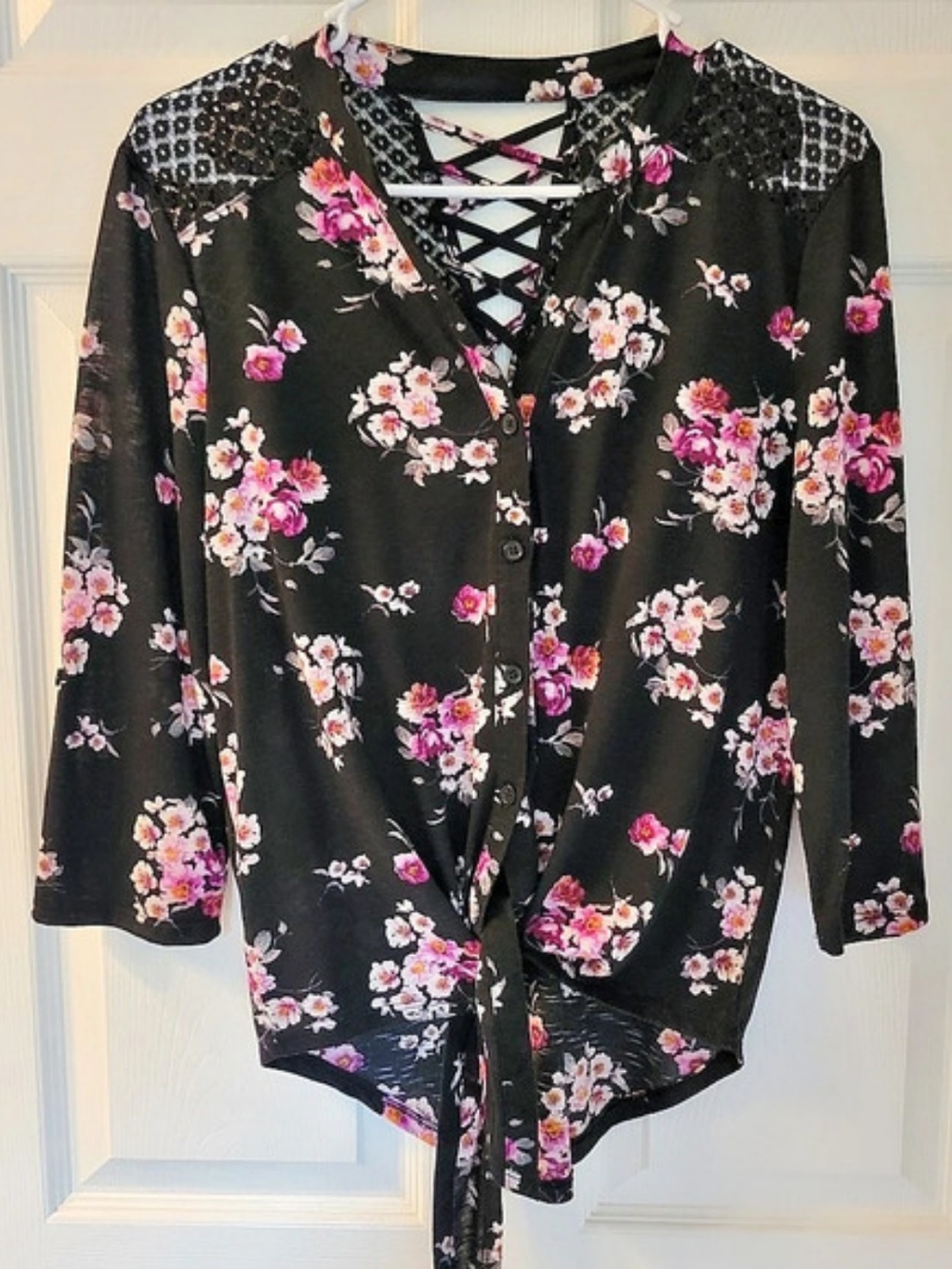 Floral Blouse in Black & Pink Lace and Back  - M